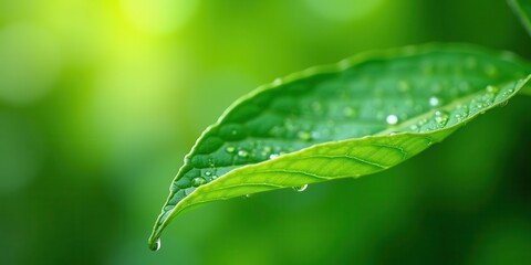 Close-Up of Green Leaf with Water Droplets on Blurred Background