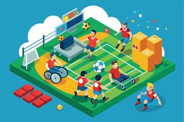 A vibrant scene depicting athletes engaged in paralympic football, showcasing inclusivity and teamwork, Paralympic football 5-a-side Customizable Semi Flat Illustration