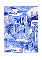 The illustration is an abstract drawing made with a blue gel pen.