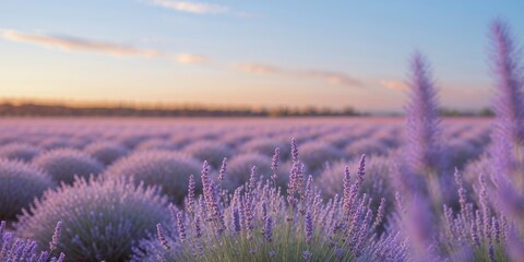 Obraz premium Lavender field in evening with warm golden tones