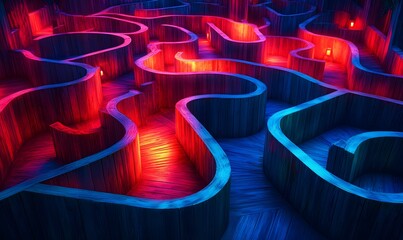 Mystical wooden maze with vibrant red and blue light casting an ethereal glow