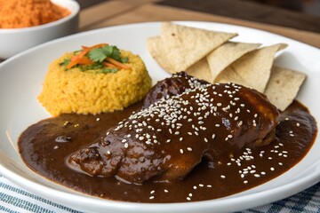 Mexican Mole Poblano Chicken with Rice and Tortillas. Close-up of traditional Mexican mole poblano, chocolate and chili sauce over chicken, garnished with sesame seeds, served with rice and tortillas