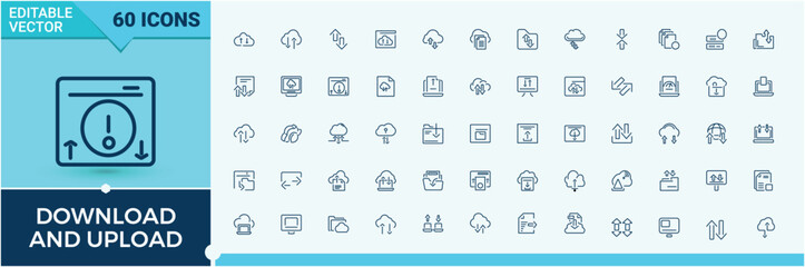 Set of Download And Upload line icons. Icons service, element, interface, download, web, internet, mobile and more. Thin linear style icons. Vector icons editable stroke.
