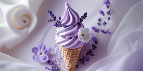 Obraz premium Lavender Ice Cream Cones with Floral Decoration - Perfect for Summer Themes and Culinary Art