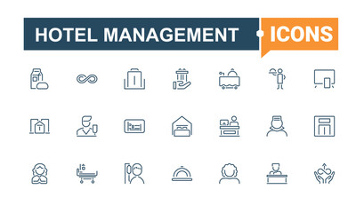 Hotel Management icons. Includes icons for business, building, hospitality, accommodation, apartment, food, sport, hostel. Collection for mobile and web apps. Editable stroke. Vector illustration.