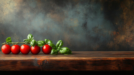 Czerwone dojrzałe pomidory z bazylią w kuchni na ciemnym tle, generative ai 