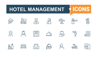 Hotel Management icons. Includes icons for business, building, hospitality, accommodation, apartment, food, sport, hostel. Collection for mobile and web apps. Editable stroke. Vector illustration.