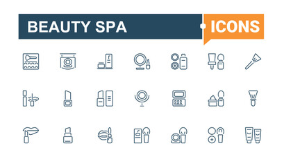 Beauty Spa icons set in linear style. Containing barber, hair salon, parlour, hair coloring, nail, massage and more. Line with editable stroke. Vector icons editable stroke.