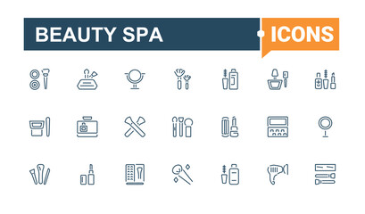 Beauty Spa icons set in linear style. Containing barber, hair salon, parlour, hair coloring, nail, massage and more. Line with editable stroke. Vector icons editable stroke.