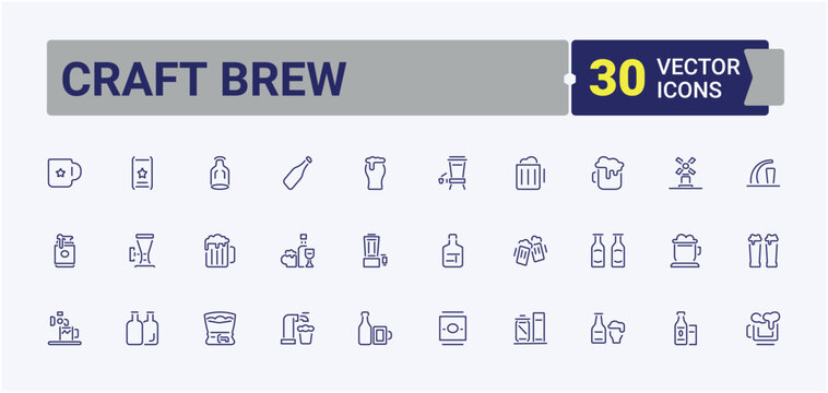 Craft Brew minimal icon set. Contain linear outline icons glass, can, brewer, alc, craft, wheat and more. Outline icon collection. Editable stroke. Vector collection.