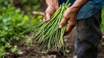 Freshly Harvested Green Asparagus Spears Organic Farm Healthy Food Agriculture Springtime Gardening Natural Produce Farmer Hands Holding Delicious    