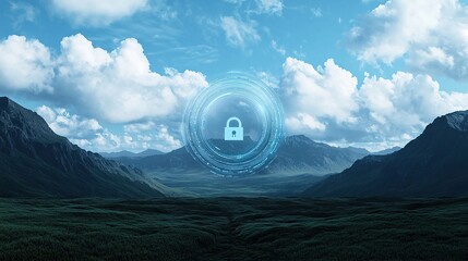 Cybersecurity lock symbolizing strong protection in nature's landscape digital art mountain view