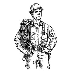 Detailed vector engraving of a construction worker with safety gear and tools standing confidently outdoors