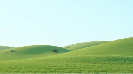 Green Fields under Clear Sky with Solar Arrays in the Background