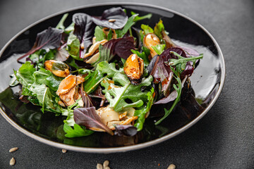Mussel salad mix of leaves salad and seafood fresh tasty food dish delicious gourmet food background on the table rustic food top view copy space keto and paleo diet Vegetarian food pescetarian diet