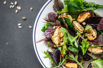 Mussel salad mix of leaves salad and seafood fresh tasty food dish delicious gourmet food background on the table rustic food top view copy space keto and paleo diet Vegetarian food pescetarian diet