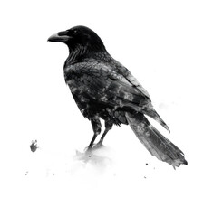 Fototapeta premium Raven standing on the ground showcasing intricate feather details against a soft background ambiance, cut out