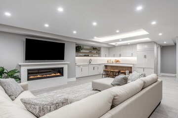 Modern basement family room with fireplace and kitchen
