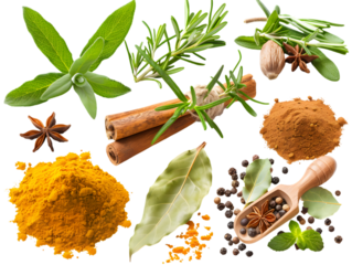 Fragrant assortment of popular herbs featuring fresh greens, spices, and powdered seasonings from various culinary traditions