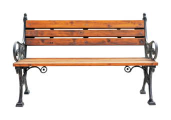 Outdoor wooden park bench designed for public relaxation in urban spaces with a classic look and sturdy construction, cut out
