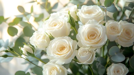 Obraz premium A Beautiful Bouquet of White Roses and Eustoma with Eucalyptus Leaves in Soft Light