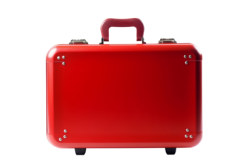 Red suitcase for travelling with red handle. 