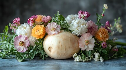 An Artistic Arrangement of Rutabaga Surrounded by Fresh Spring Flowers in Soft Pastel Hues Under Warm Daylight