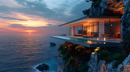 Contemporary house on a cliffside with sleek glass walls, infinity-edge railings, and a dramatic ocean view below