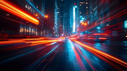 Obraz premium A captivating image of an urban street alive at night with glowing traffic lights and swirling light trails of vehicles, embodying the vibrant pulse of modern city life
