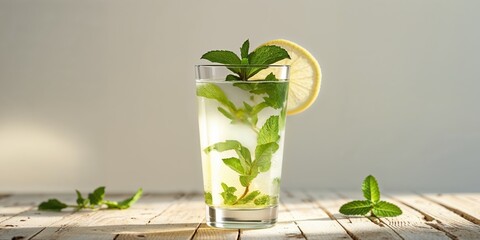 Refreshing Lemonade with Mint in a Clear Glass on a Wooden Table