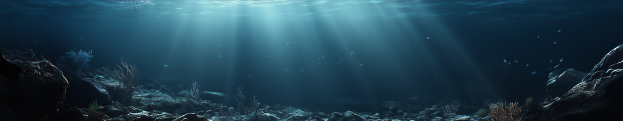 Underwater blue ocean with sunlight and undersea banner scene