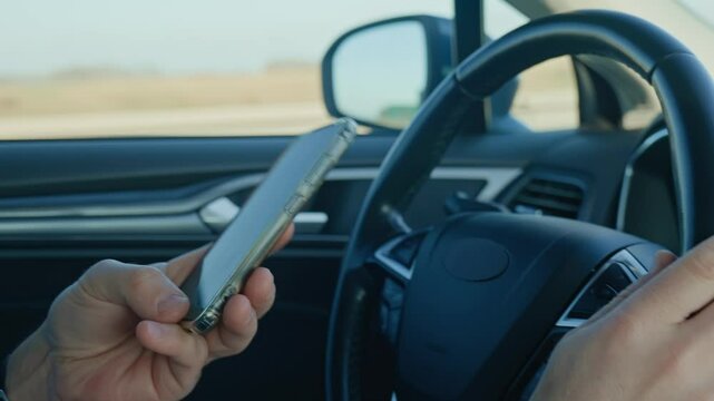 Close-up of driver hands using smartphone while driving car, risk of distraction and road safety concerns. Dangerous driving of vehicle, violation of traffic rules