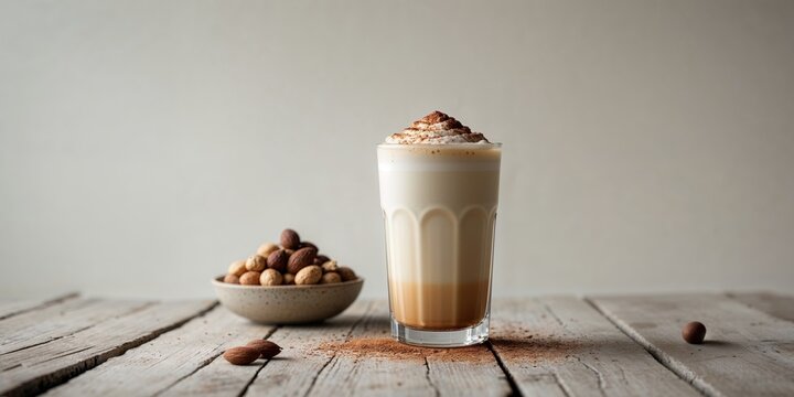 Glass of iced coconut almond caramel latte with a bowl of nuts on a wooden table