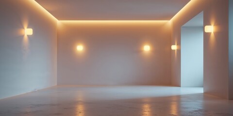 An empty room features warm wall lights casting a cozy glow