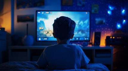 Child Watching Television at Night - A young boy sits in a dimly lit room, engrossed in a video game displayed on a large television screen. The room is decorated with stars