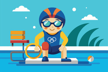 Naklejka premium A cartoon swimmer readies for action at a swimming pool, showcasing enthusiasm for the sport, Paralympic swimming Customizable Cartoon Illustration