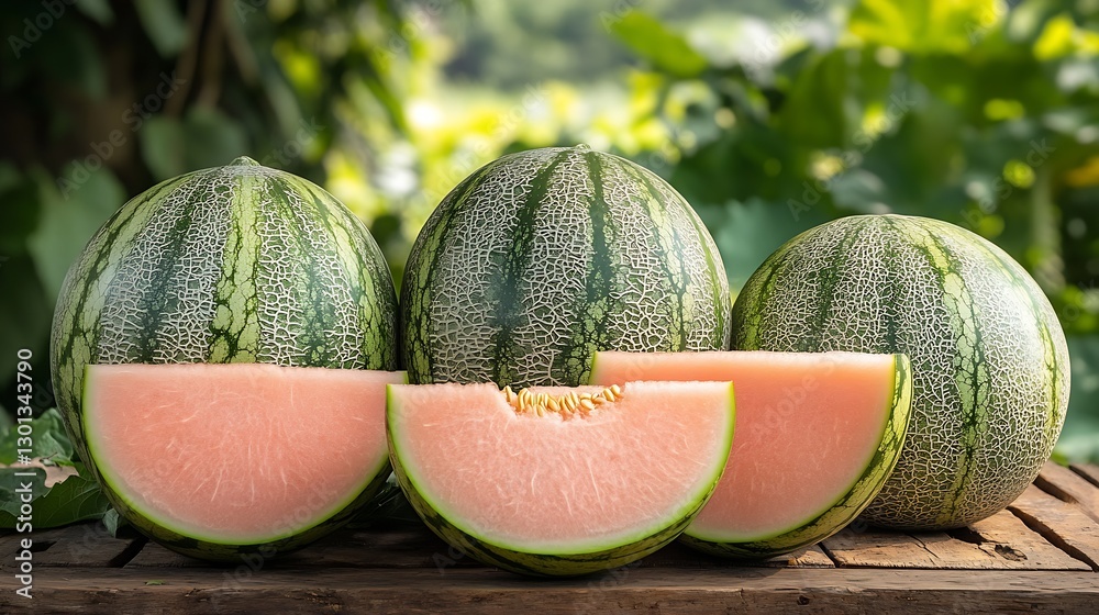 Poster Three Ripe Watermelons with Light Pink Flesh Displaying Their Unique Patterns on a Rustic Setting : Generative AI
