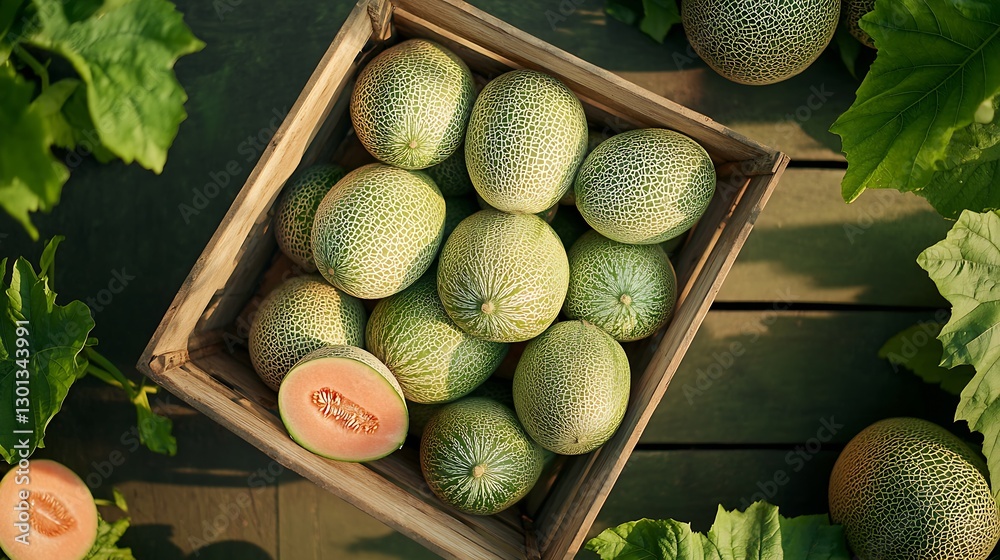 Poster beautifully arranged melons in a wooden box with slices side by side showcasing freshness : generati