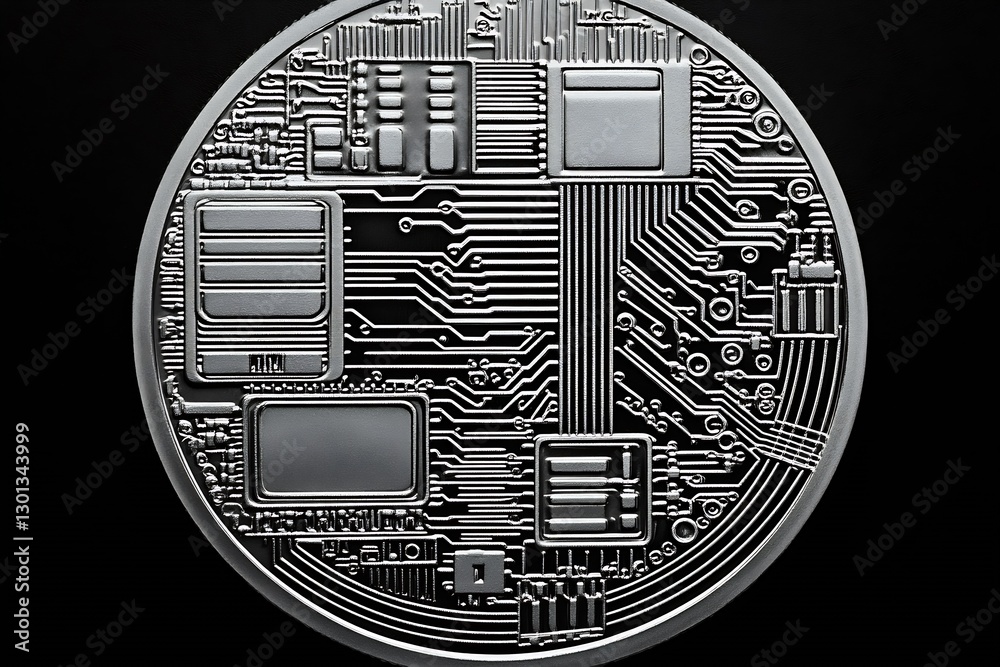 Aufkleber Intricate circuit board design featured on metallic coin surface showcasing modern electronics and technological advancement : Generative AI