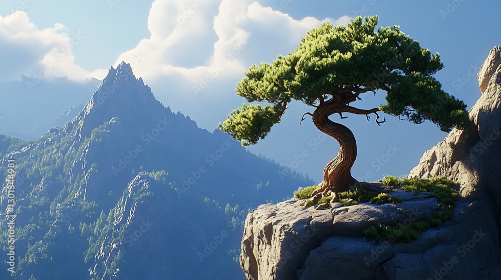 Poster elegant tree perched on rocky cliff with stunning mountains in the background during sunny weather :