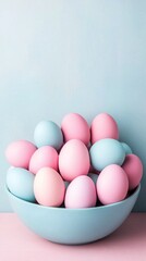 Easter Holiday, Easter Concept, Pastel Pink and Blue Easter Eggs in a Bowl Spring Holiday Decoration