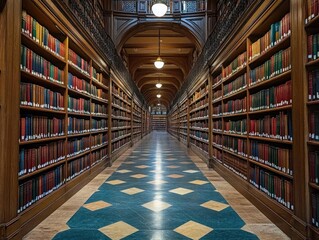 Grand library aisle with classic bookshelves