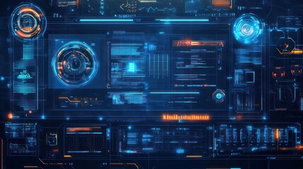Futuristic digital interface displaying data in multiple circular and rectangular panels