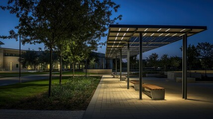 Fototapeta premium A modern pavilion featuring solar panels and benches at night