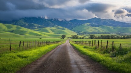 Naklejka premium A dirt road leading toward the mountains under cloudy skies