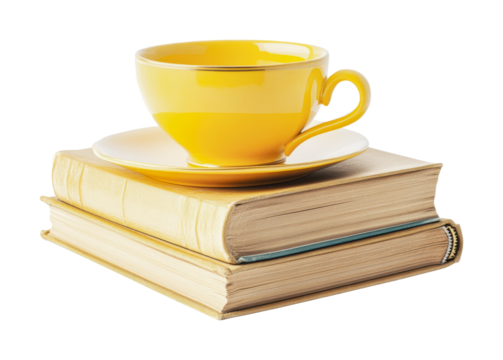 Bright yellow cup on stacked books for cozy reading time or study session, cut out
