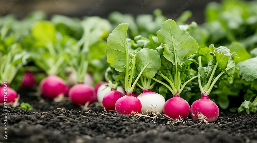 Poster close-up of radishes with delicate greens emerging from dark fertile soil : generative ai