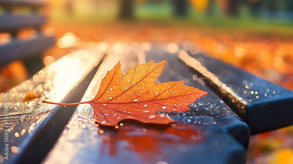 Poster close up of a vibrant autumn leaf resting on a wet bench capturing the essence of fall season colors