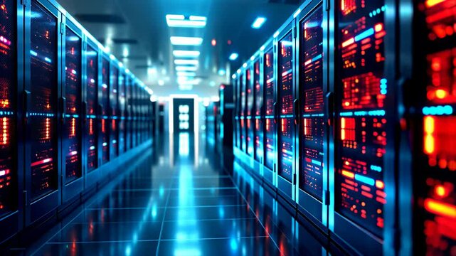 Data center hallway, database terminal storage, hardware server room, network cloud computing