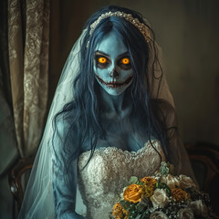 A beautiful blue-skinned zombie bride with yellow eyes 
